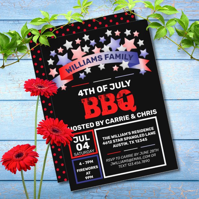 Convites Fita Vermelha e Azul e Estrelas 4 de julho de CHUR (RED, WHITE, & BLUE 4TH OF JULY BBQ INVITATION)