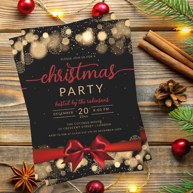 Convites Fita Vermelha Xmas da Família Wonderland Dourada d (Gold Winter Wonderland Family Xmas Red Ribbon Invitation)