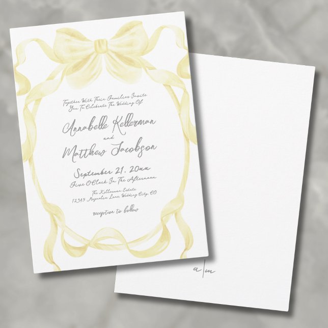 Convites Fitas de Rosto Amarelo Elegante Laço Caprichoso Ca (Elegant Yellow Bow Ribbons Whimsical Wedding Invitation)