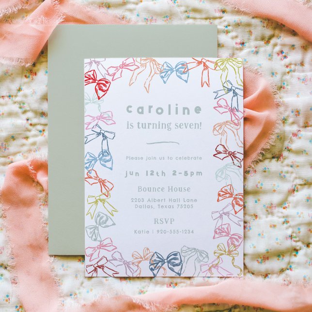 Convites Fitas e Arcos Festa de aniversario de meninas de A (Ribbons and Bows watercolor girls birthday party invitation.)