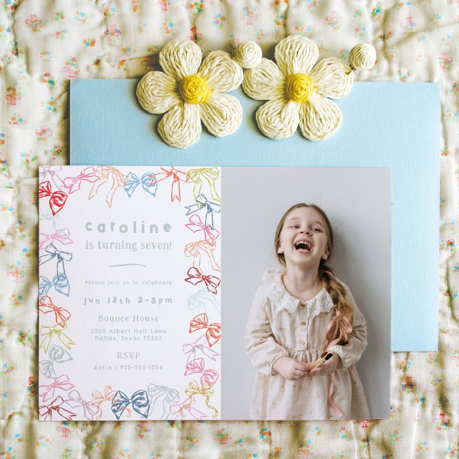 Convites Fitas e Arcos Festa de aniversario de meninas de f (Ribbons and Bows girls birthday party photo invitation.)