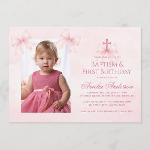 Convites Fitas Rosa Batismo e Aniversário de Um Ano Menina