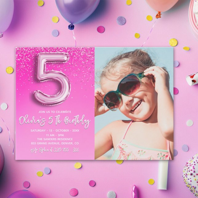 Convites "Five and Fabulous Pink Glitter Birthday Photo (Criador carregado)
