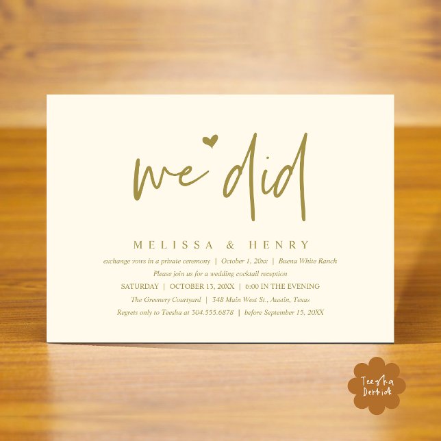 Convites Fizemos Janto de Recepção de Casamento Moderno (We Did Modern Wedding Elopement Reception Dinner Party Invitation Card PDF Yellow Gold)