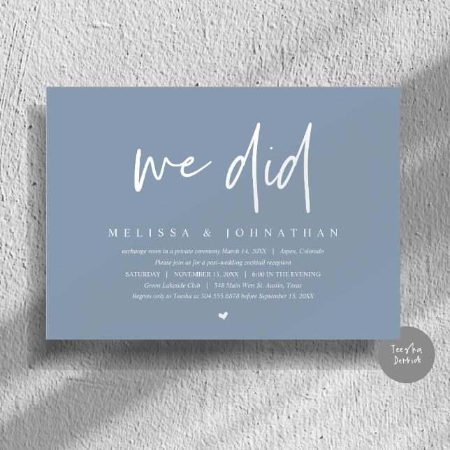 Convites Fizemos, Partido do Elopemento de Casamento, Minim (We Did, Wedding Elopement Dinner Invitation Card, PDF, Modern Minimalist, in Dusty Blue)