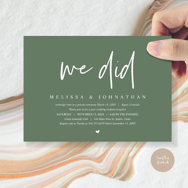 Convites Fizemos, Partido do Elopemento de Casamento, Minim (We Did, Wedding Elopement Dinner Invitation Card, PDF, Modern Minimalist, in Forest Sage Green)