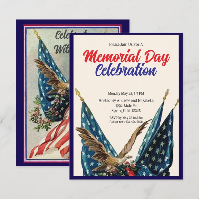 Convites Flag and Eagle Patriotic Memorial Day Party (Frente/Verso)