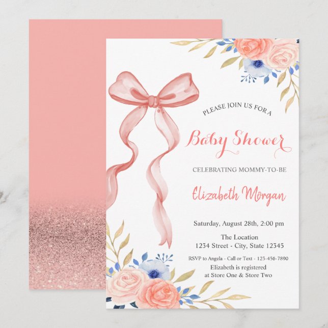 Convites Flair de Laço Flores Bokeh Baby Shower (Frente/Verso)