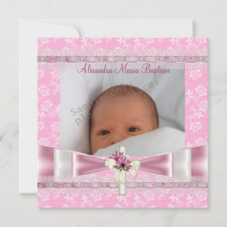 Convites Flair Floral Branco Rosa Cruz Foto Batismo Batizad