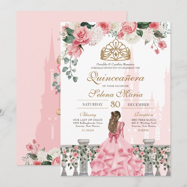 Convites Flair Floral Rosa & Ouro Princesa Conto de Fadas Q (Frente/Verso)
