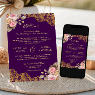 Convites Flair Rosa Dourado Renda Roxo Casamento Muçulmano