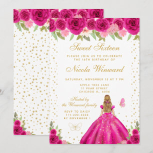 Convites Flair Rosa Quente Loira Princesa Doce Dezesseis