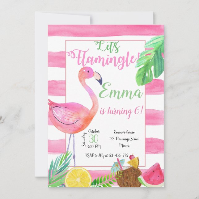 Convites Flaminfo Birthday Invitation, Flamingo Invitation (Frente)
