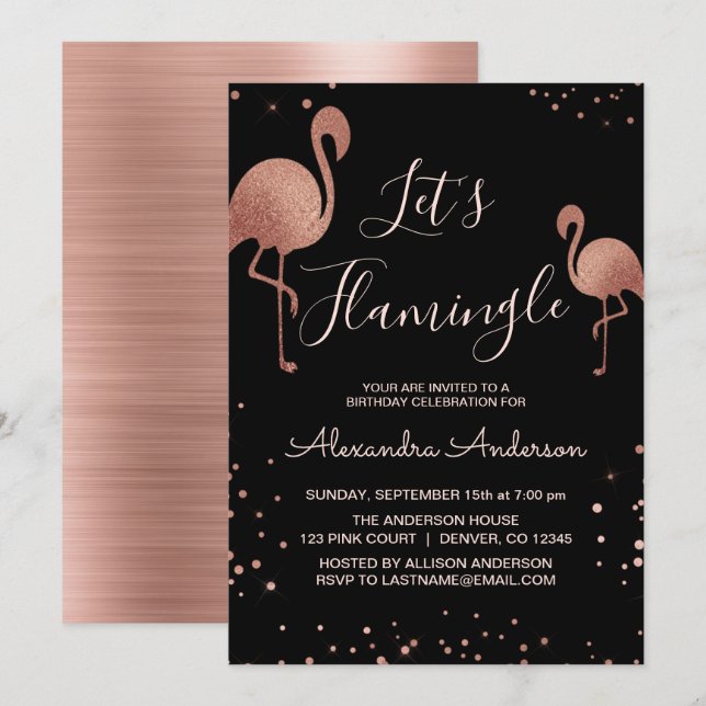 Convites Flamingle de Vamos de folha de ouro rosa-rosa - Fl (Frente/Verso)