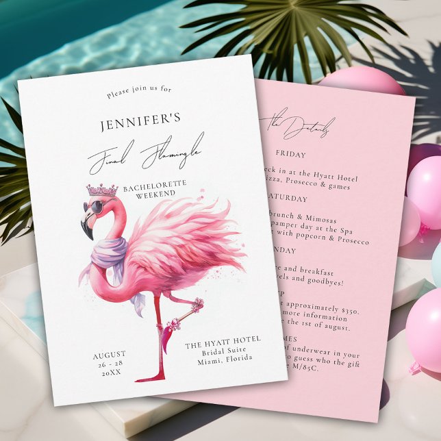 Convites Flamingle Final Cute Funny Bachelorette Itinerário (final flamingle bachelorette party invitation itinerary pink flamingo tropical funny watercolor fun)