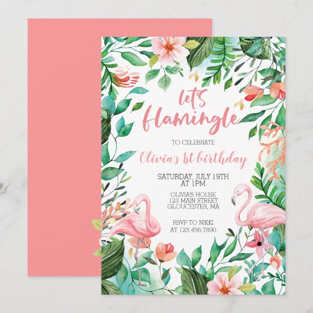Convites Flamingle Tropical primeiro aniversário flamingo (Frente/Verso)