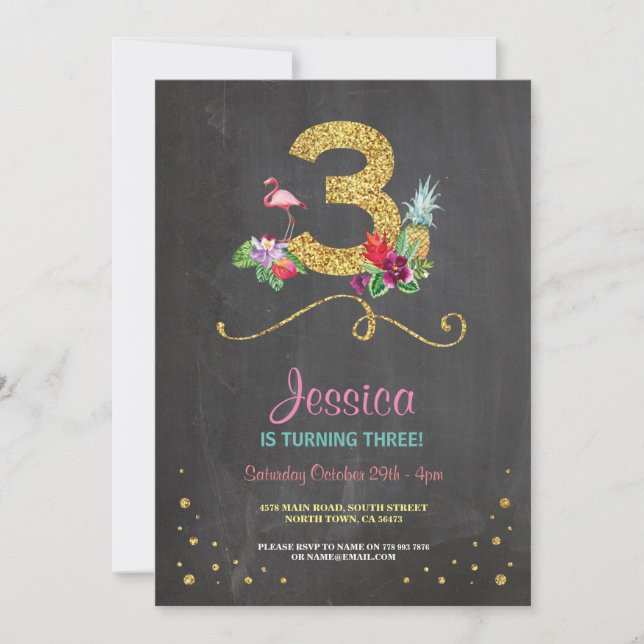 Convites Flamingo Aloha 3ª Festa de aniversário Chalk Convi (Frente)