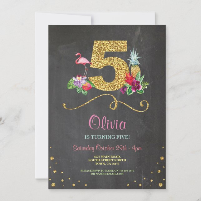 Convites Flamingo Aloha 5 Festa de aniversário do giz convi (Frente)