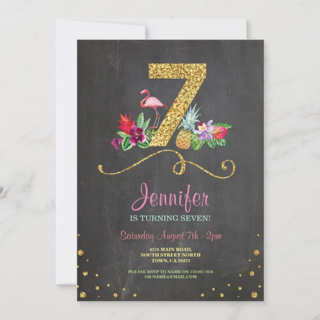 Convites Flamingo Aloha 7 Birthday 7 Party Chalk Invite (Frente)