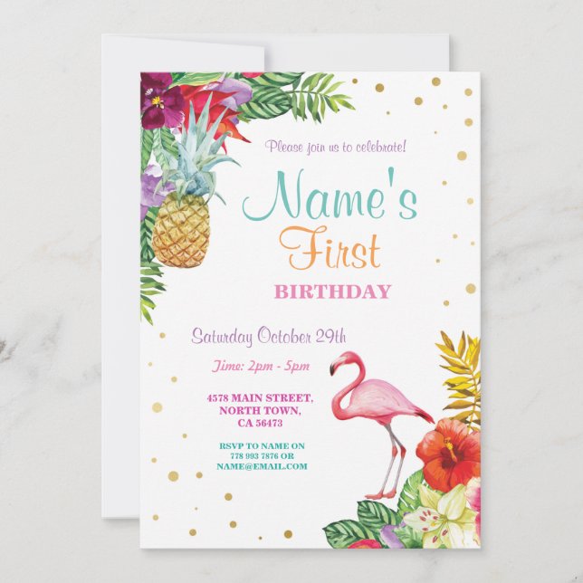 Convites Flamingo Aloha Garota é o primeiro aniversário Dou (Frente)