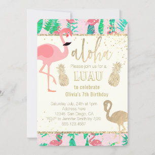 Convites flamingo art faux gold foil luau partido
