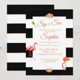 Convites Flamingo Baby Black Pink Stripe Sip and See