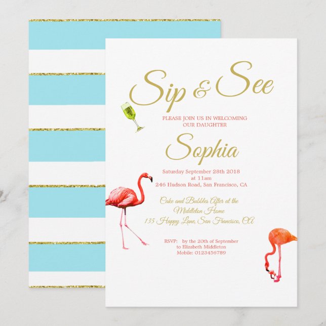 Convites Flamingo Baby Blue Stripe Sip and See (Frente/Verso)