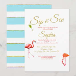 Convites Flamingo Baby Blue Stripe Sip and See