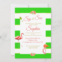Convites Flamingo Baby Non Gender Green Stripe Sip and See