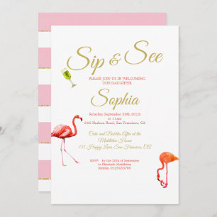 Convites Flamingo Baby Pink Stripe Sip and See