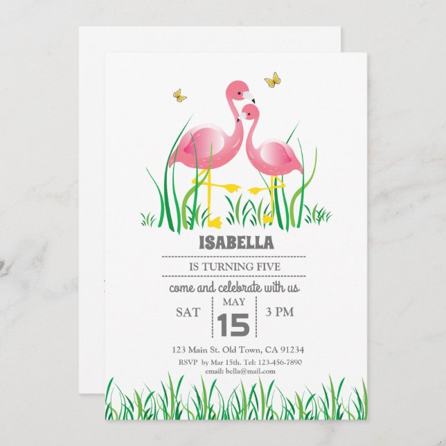 Convites Flamingo Birthday Invite (Frente/Verso)