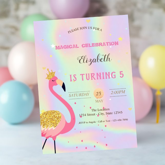 Convites Flamingo Brilhante, Aniversário Holográfico (Criador carregado)