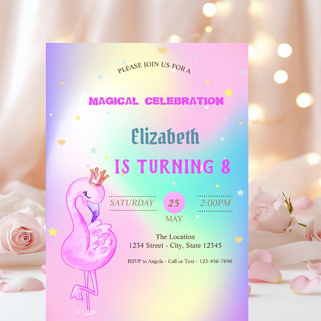 Convites Flamingo Brilhante, Coroa Ombre Holográfico Aniver (Criador carregado)