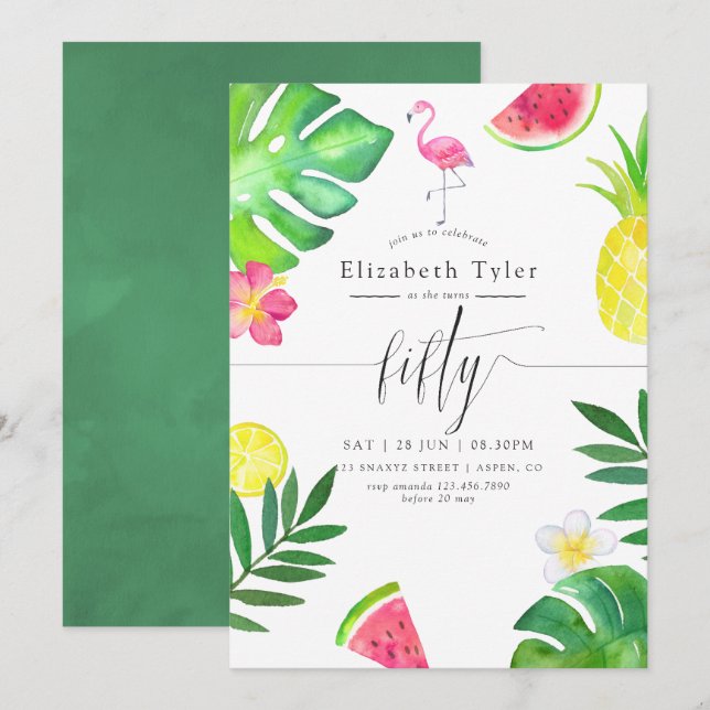 Convites Flamingo, cor-de-rosa, tropical 50ª Festa de anive (Frente/Verso)