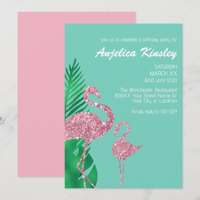 Convites Flamingo e Folhas de Palmeira com Brilho Rosa Retr (Frente/Verso)
