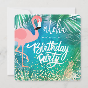 Convites flamingo em design azul tropical