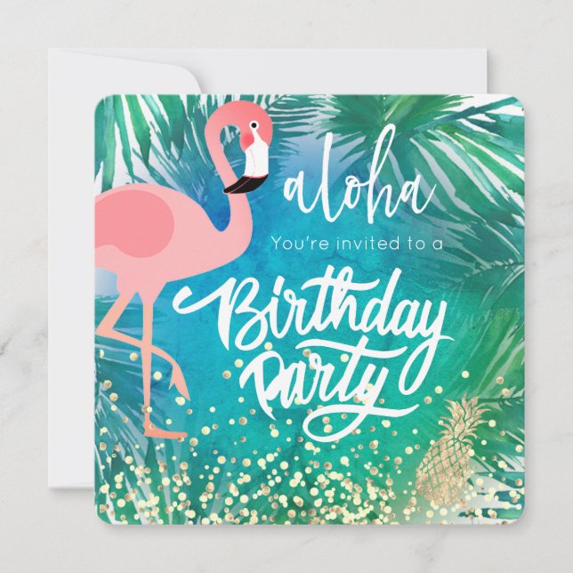 Convites flamingo em design azul tropical (Frente)