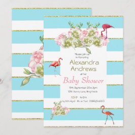 Convites Flamingo Floral Blue Strike Chá de fraldas