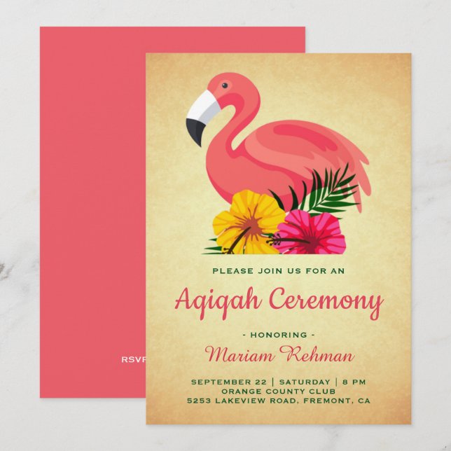 Convites Flamingo Floral Rústico Vintage Aqiqah (Frente/Verso)