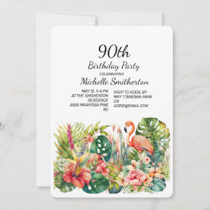 Convites Flamingo Floral Tropical Aniversário de 90 anos 