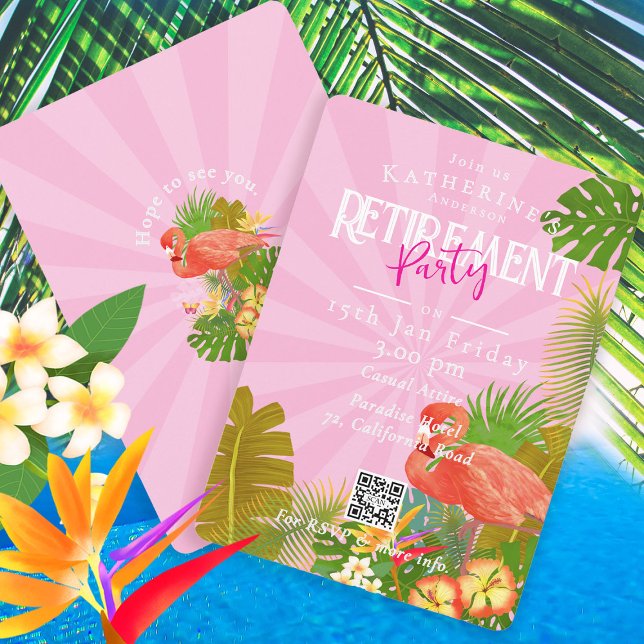 Convites Flamingo Flórida Tropical Rosa Aposentadoria (Flamingo Tropical Retirement Party Invitation Card.)