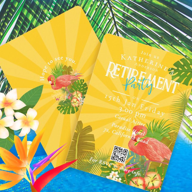 Convites Flamingo Florida Tropical Yellow Retirement (Flamingo Tropical Retirement Party Invitation Card.)