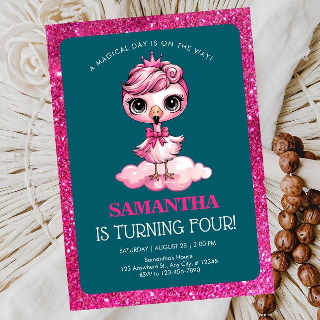 Convites Flamingo fofo com aniversário da coroa (Criador carregado)