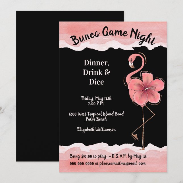 Convites Flamingo Girls Night Bunco, Rosa (Frente/Verso)