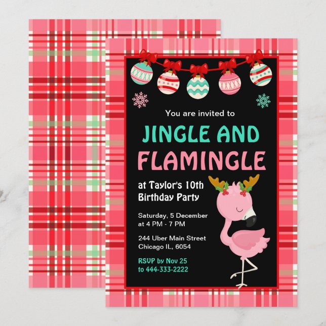 Convites Flamingo Holiday Birthday Party (Frente/Verso)