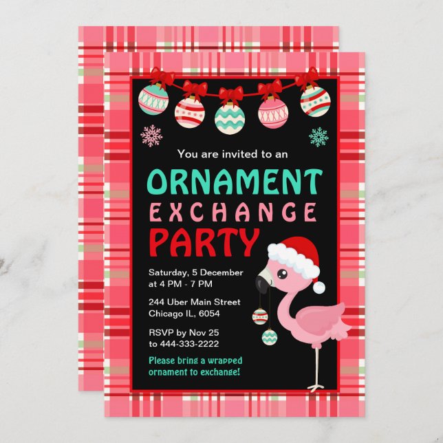 Convites Flamingo Holiday Ornament Exchange Party (Frente/Verso)