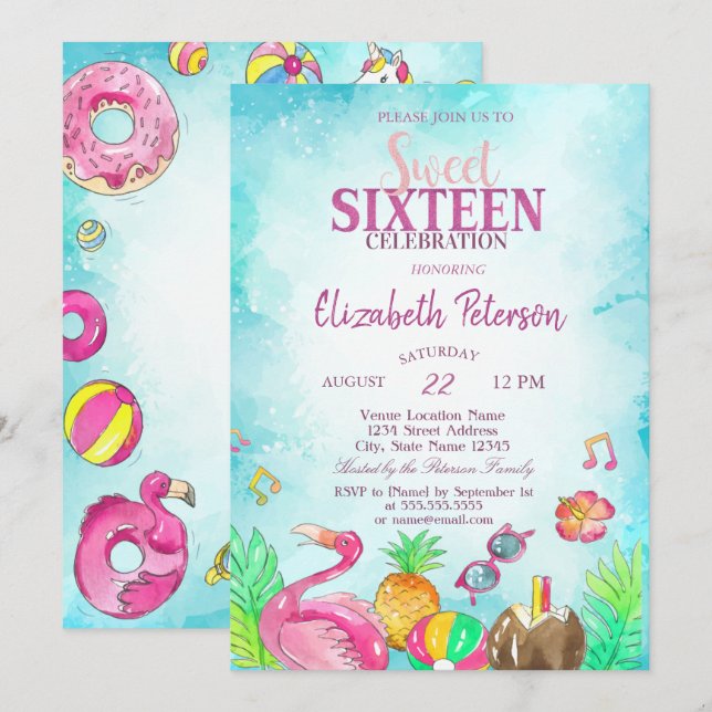 Convites Flamingo Pineapple Summer Piscina Sweet 16 (Frente/Verso)