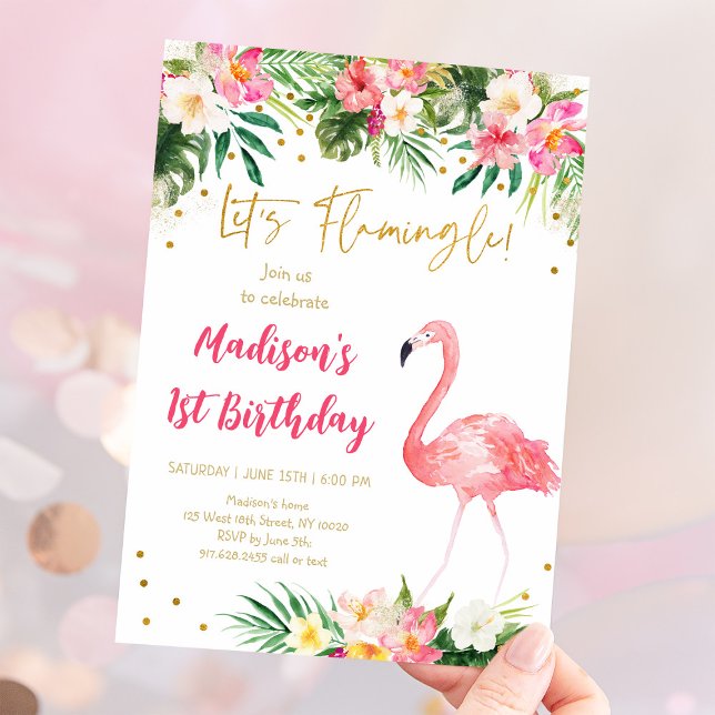 Convites Flamingo Pink Dourado Primeiro Aniversário (Criador carregado)