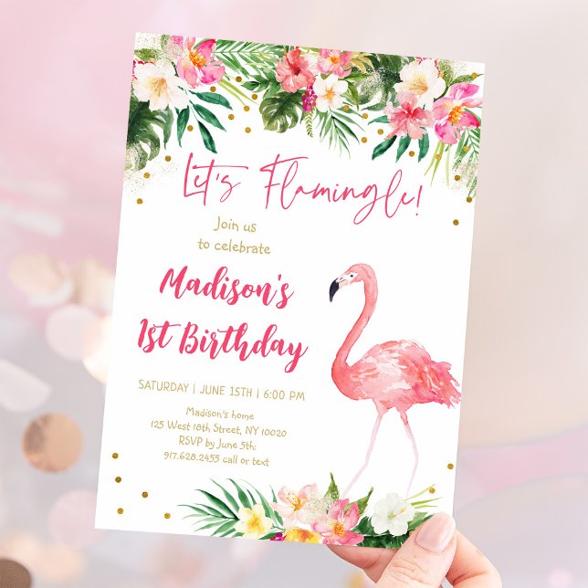 Convites Flamingo Pink Dourado Primeiro Aniversário (Criador carregado)