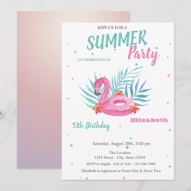 Convites Flamingo Piscina Float Summer Festa de aniversário (Frente/Verso)